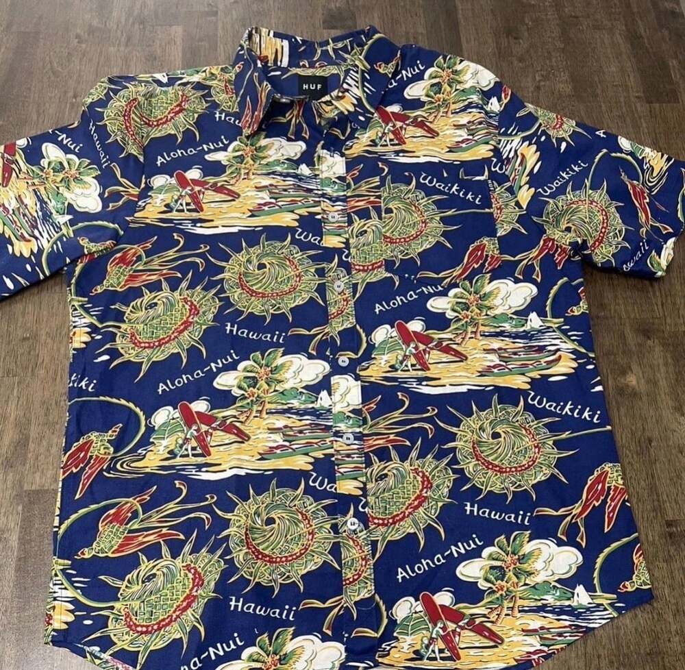 Huf Hawaii Waikiki Tropical Button Up Shirt Size XL Blue Made In USA